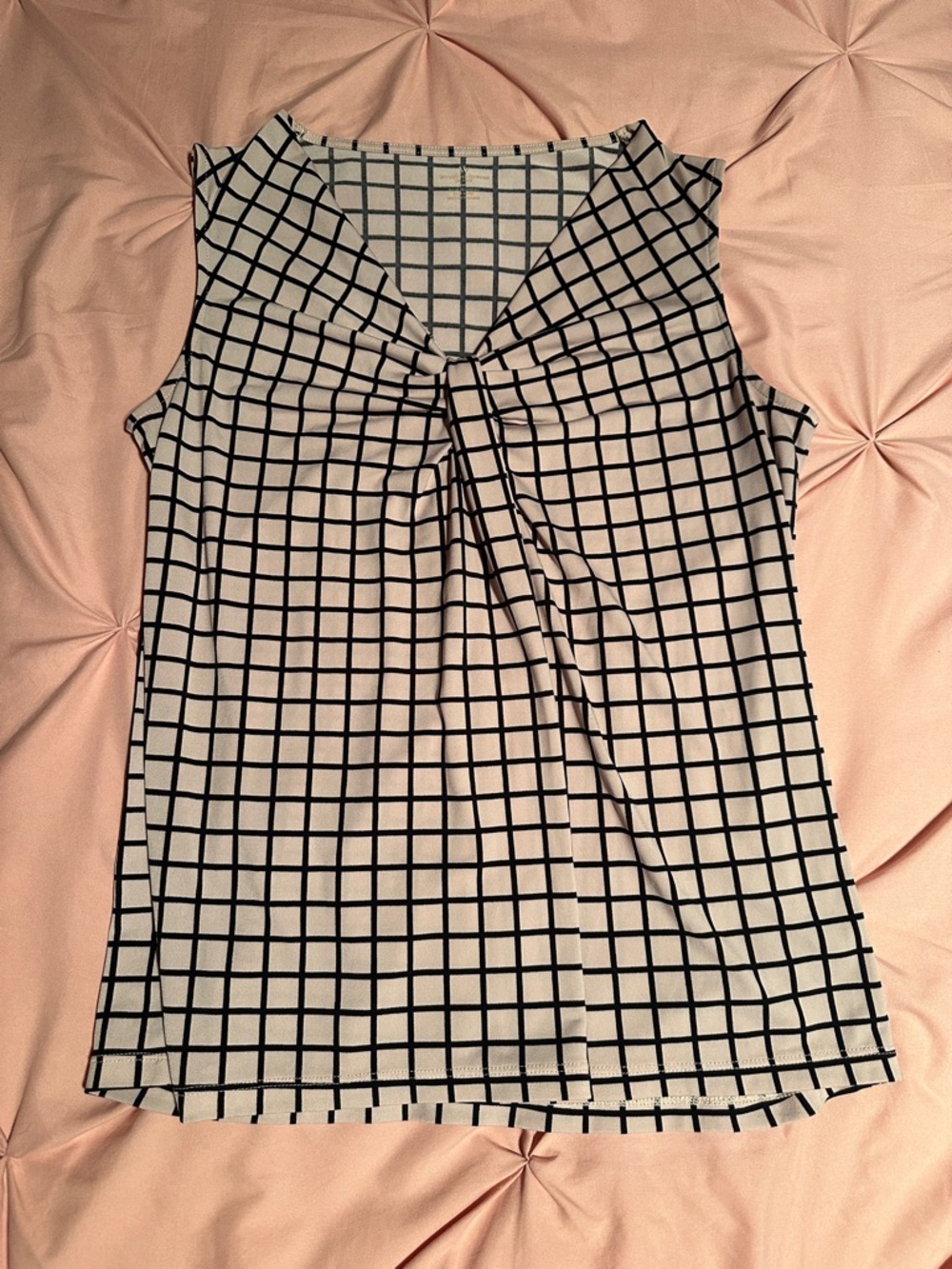 Worthington Black & Tan Grid Twist-Front Sleeveless Top
